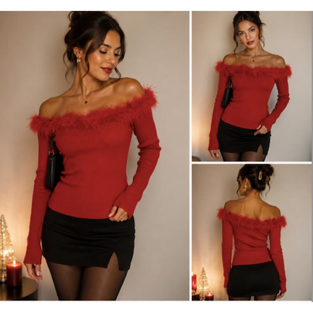 Y2K Red Feather Trim Off Shoulder Sweater Top Womens Large Glam Party